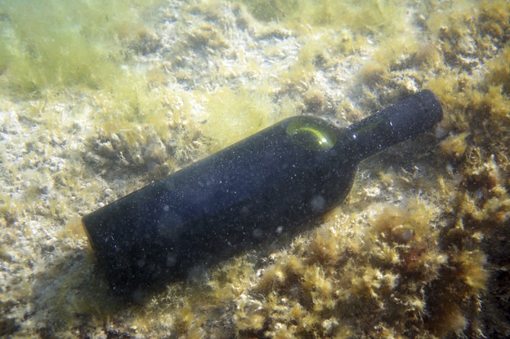 A bottle of wine under the water.