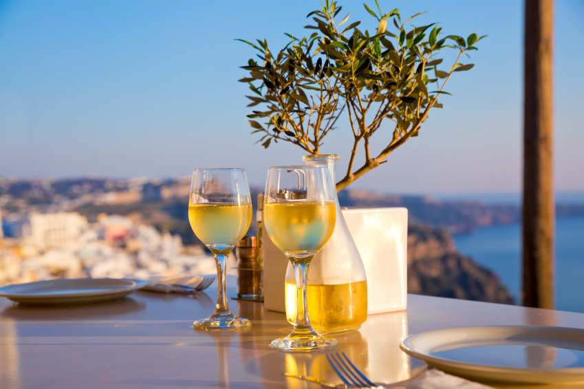 Romantic table for two on the island Santorini, Greece