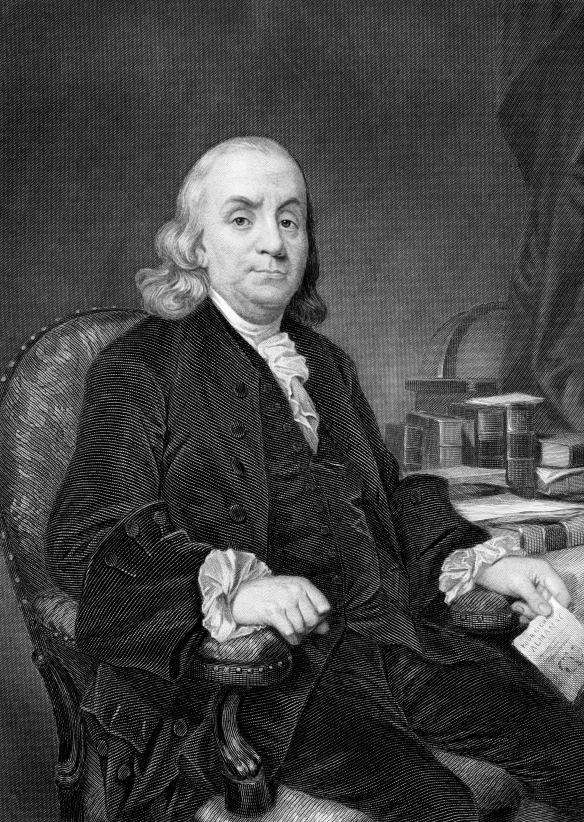 Benjamin Franklin (1706-1790) on engraving from 1873. One of the Founding Fathers of the United States. Engraved by unknown artist and published in ''Portrait Gallery of Eminent Men and Women with Biographies'',USA,1873.